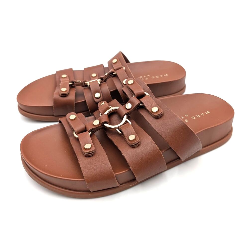 Marc Fisher Verity Flat Sandals Women's Brown Leather Size US7M EU37.5
